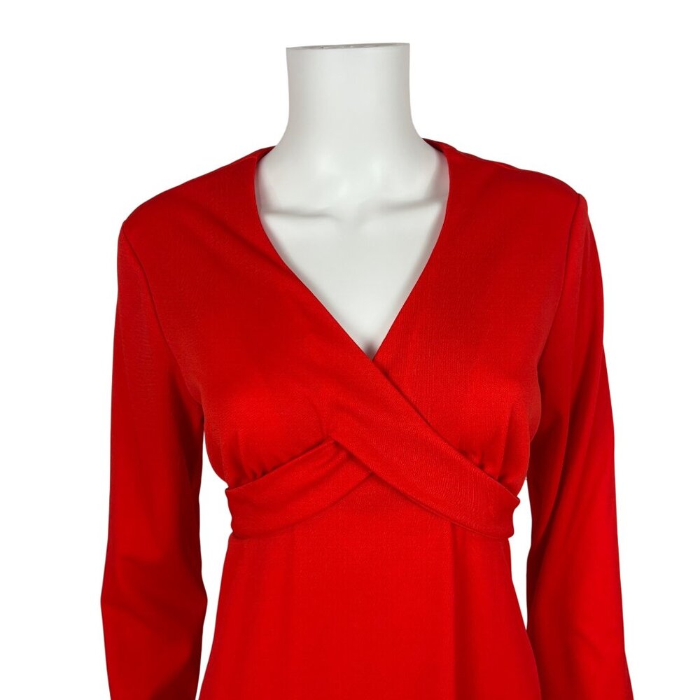 Vintage 70s Maxi Dress Womens M Red Faux Wrap Cross Tie Long Sleeve Polyester - Picture 5 of 10
